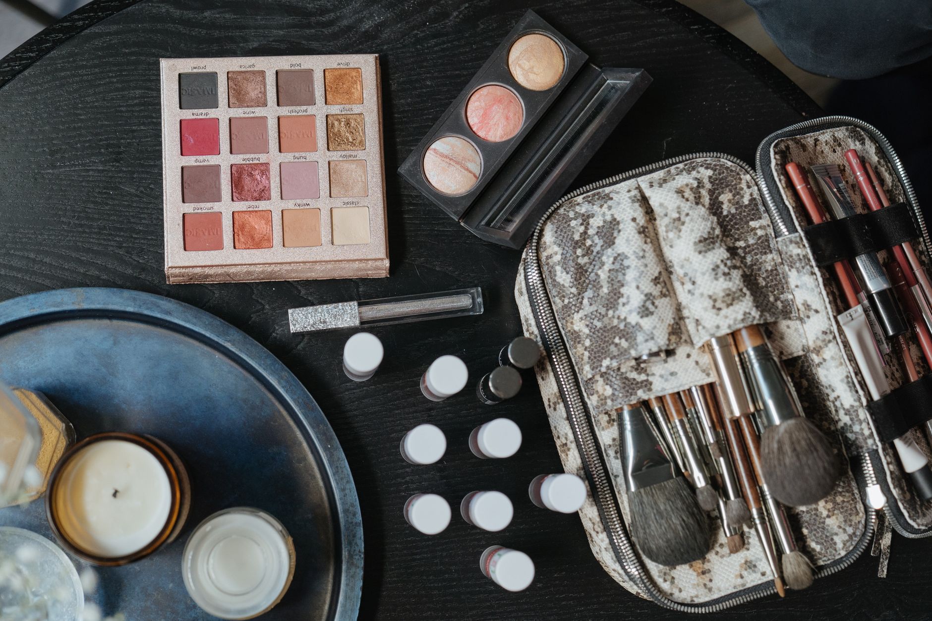 Exhibition hall with beauty industry professionals and products